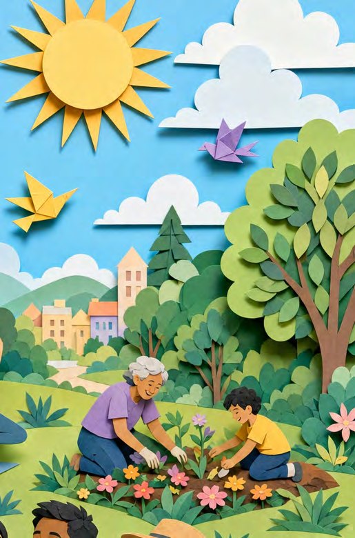 Paper-craft illustration of an orderly, sunlit room opening onto a garden