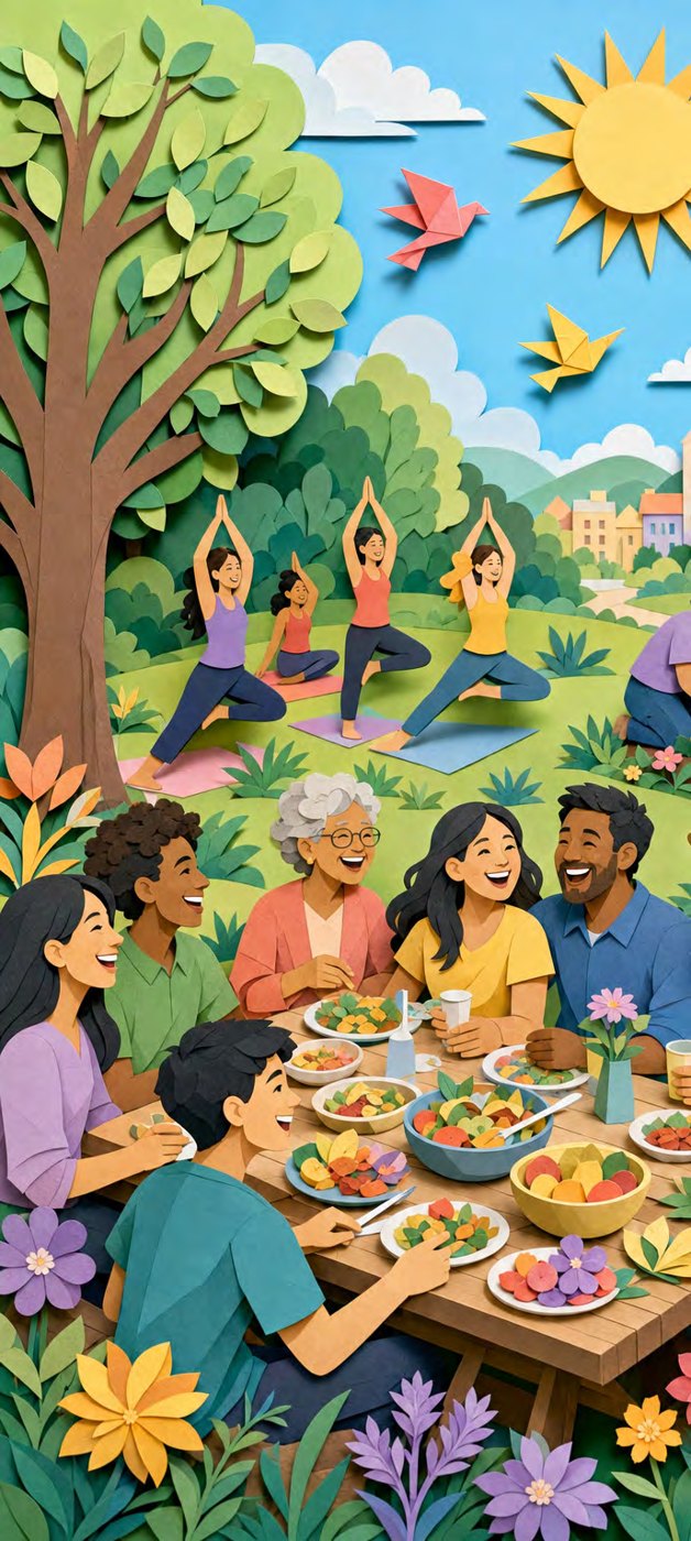 Paper-craft illustration of neighbors greeting each other on a sunny street