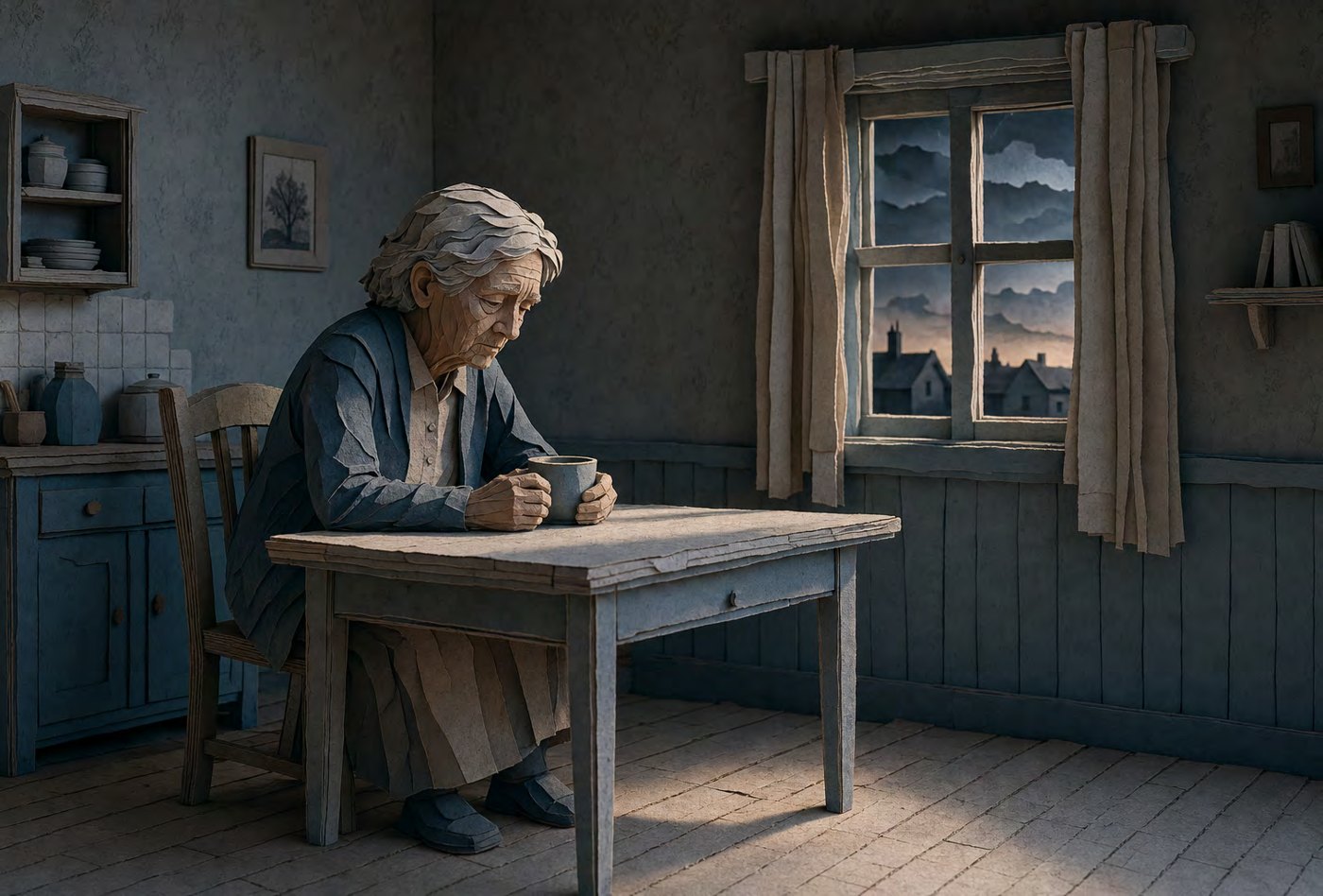 Paper-craft illustration of a solitary figure at a window with light breaking through